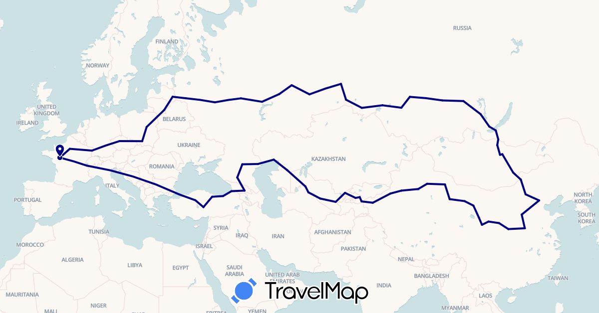 TravelMap itinerary: driving in China, Czech Republic, France, Georgia, Kyrgyzstan, Kazakhstan, Lithuania, Latvia, Mongolia, Poland, Russia, Turkey, Uzbekistan (Asia, Europe)